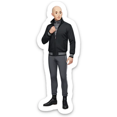 A tall, bald man with a long, pointed nose and a mischievous smirk. He wears a black zip-up jacket with a high collar, a gray striped scarf, and dark pants. His posture is slightly hunched, with his hands often gesturing dramatically, exuding both menace and charm sticker