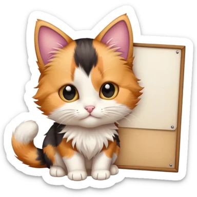 Calico kitten holding a large blank sign sticker
