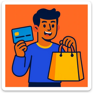 a guy holding a credit card and a shopping bag, modern illustration, vibrant colors sticker