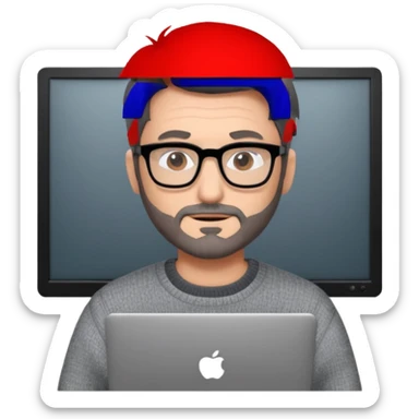 Profesor de pelo gris marrón oscuro con gafas un poco de barba jersey gris y un ordenador los óleos son marrones con poca cantidad de pelo sticker