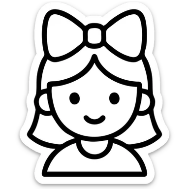 cute little girl with a big pink ribbon on her head, simple black line drawing style sticker