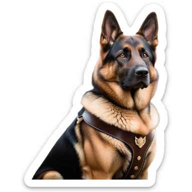 Cinematic Noble Tan/Black German Shepherd Portrait Emoji, Poised and regal, with a strong, athletic build and a dense, well-groomed coat in rich tan accented by a classic black saddle, deep-set soulful brown eyes, Simplified yet sharp and sophisticated features, highly detailed, glowing with a soft, dignified glow, high shine, intelligent and loyal, stylized with an air of authority, focused and attentive, soft glowing outline, capturing the essence of a watchful and commanding guardian, so majestic it feels as though it could stride out of the screen with effortless authority! sticker