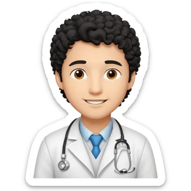 a young male doctor with black  curly hair and cheerful face sticker