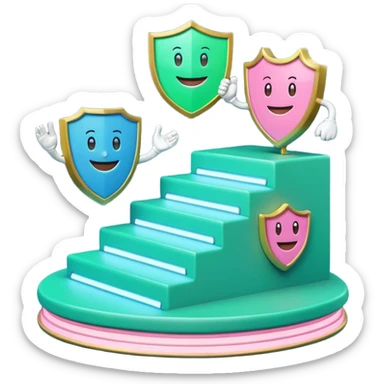 Minimalist 3D emoji-style podium with 2 steps on a green chroma key background. Step 1 (higher) features a handshake icon with blue neon glow. Step 2 (lower) features a smiling tooth with a shield icon and pink neon glow. Clean rendering, soft colors, uniform lighting sticker