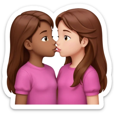 two 5 year old gals about to kiss on the lips, lips extremely close but not touching, pink shirts, long brown hair sticker