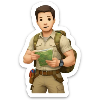 Icon for Adventure Movie: Mark Wahlberg in a jungle setting, holding a treasure map and surrounded by adventure gear. Behind him, ancient ruins rise through the dense foliage. Exciting, action-packed atmosphere with vivid jungle details. Transparent background. sticker