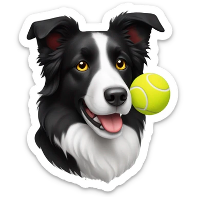 Black and white border collie dog with red collar and yellow tennis ball sticker