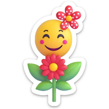 3D smiley emoji with big eyelashes, red polka dot bow, holding a flower, happy sticker