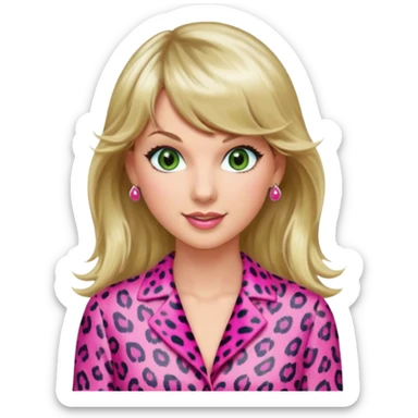 Long haired with bangs Green eyed smiling Taylor Swift wearing a pink leopard print outfit with hair that is half blonde and half pink sticker
