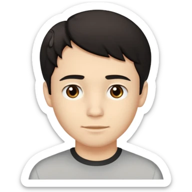 A young man with light skin tone, short wavy black hair parted to the side, large brown eyes, and a neutral expression with a small closed-mouth smile. sticker