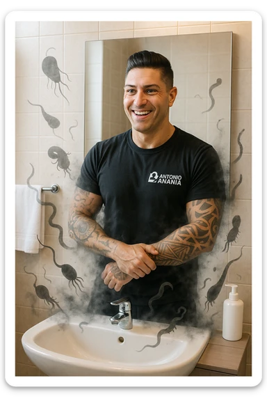 a man stands in a brightly lit bathroom, looking relieved and revitalized as he examines his reflection in the mirror. In the foreground, stylized, shadowy images of parasites (such as worms or protozoa) are shown leaving his body, dissolving into mist or fading away. His posture is upright and his expression is one of newfound energy and health. sticker