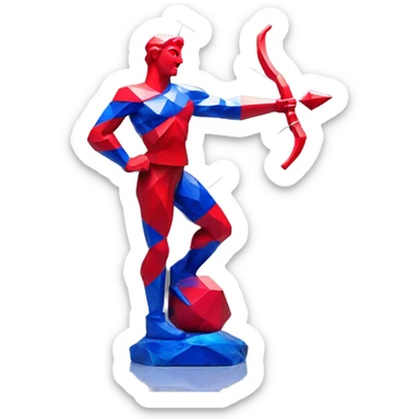 A Sagittarius sculpture with a geometric, faceted design. The Sagittarius is standing upright with angular and baroque features. The vibrant red and blue flame colors highlights the sharp edges and planes. Only 2 legs, clear features sticker