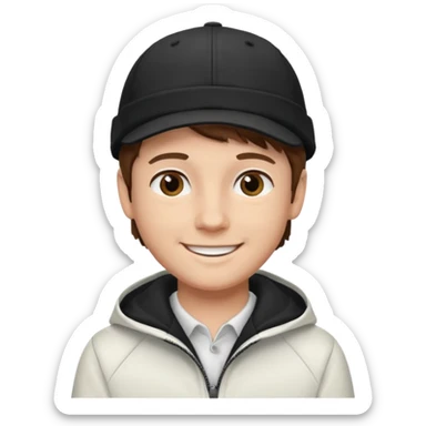 Créame a un chico blanco con gorra negra con el pelo castaño y qué tenga una chaqueta blanca más animado sticker