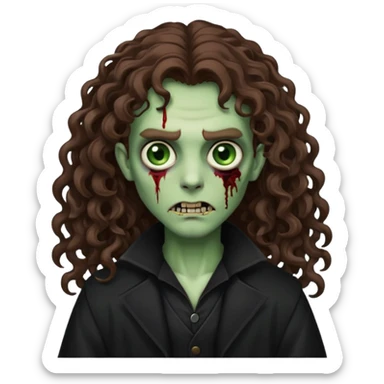 long curly haired zombie with brown hair color and green eye color, with dark vampire clothes sticker