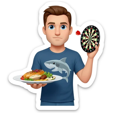 a handsome man with the left hand holding great food and the right hand holding a dart.  He's wearing a t-shirt with s shark sticker