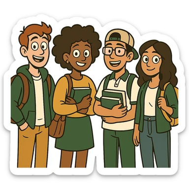 multicultural group of students, modern look, green gold and white color scheme, rounded shapes, simple design sticker