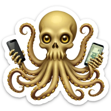 Intimidating octopus skeleton. Evil looking eyes, wearing a gold necklace. 3 tentacles are holding their own cellphone with one held to the side of its face as if its on a phone call, 2 other tentacles are holding stacks of money sticker