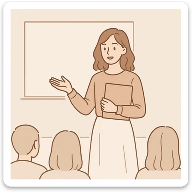 aesthetic style girl with folder in hand, presenting in front of a class, minimalistic aesthetic background, light colors sticker