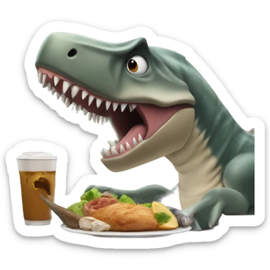 Dinosaur eating a shark tail in a restaurant  sticker