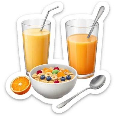 A glass of juice and a bowl with cereals sticker