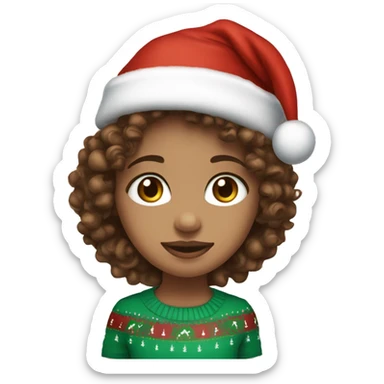Light skin blue eyes Curly brown hair girl wearing Christmas hat sticker
