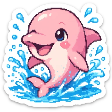 pink dolphin playfully swimming, water effects, happy expression, anime style, transparent background, 128x128 pixels sticker