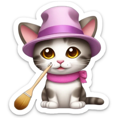 Kawaii cat artist in hat with palette and brush so it can be used as a mouse cursor sticker