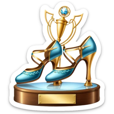 Icon for Ballroom Dancing: a pair of ballroom shoes, a dance floor with lighting, and a decorative dance trophy. The icon should represent the elegance and rhythm of ballroom dance through its key symbols. Transparent background. sticker