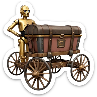Old American West tarnished C-3PO bounty hunter in 1854 delicately ornate rosegold accents painted buggy buckboard wagon powered by electric motors and batteries with safety features and belts flying rapidly across rough dusty terrain stable on strong agile futuresteampunk suspension and steering  sticker