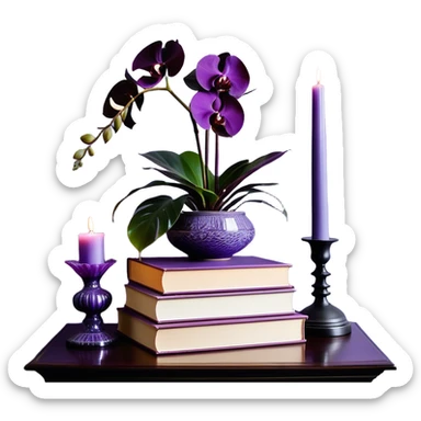 A sophisticated and artistic still life arrangement: a balanced stack of hardcover books in light and dark violet tones, their spines aligned in harmonious contrast. A lavender-colored monstera plant flourishes beside them, its uniquely shaped leaves adding a touch of organic beauty. A deep purple orchid glass candle holder glows gently, radiating warmth. To enrich the composition, a decorative amethyst crystal catches the light, a soft plum-colored linen cloth cascades from the table’s edge, and a delicate lavender-scented candle completes the ambiance of refined tranquility. sticker