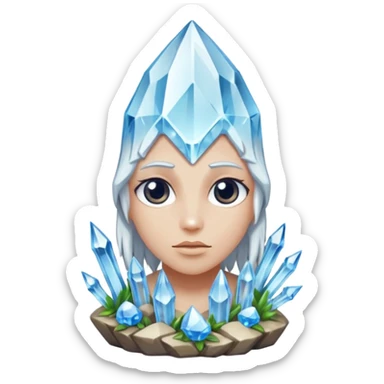 A single crystal rock character inspired by a clear quartz cluster, amorph base with many tall transparent crystal spikes growing upward all around it with a face sticker