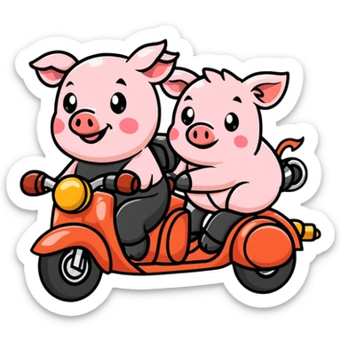 pig couple riding a motorbike, cute sticker