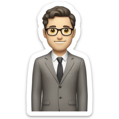 Full height Pale skinned Fit Man With dark brown hair in classic gray suit, beige office shirt, dark gray tie, and vintage glasses. His hands lock sticker