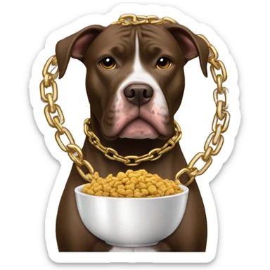 A dog pitbull with a big gold chain on that says “G-UNIT” and a bowl of dog food  sticker