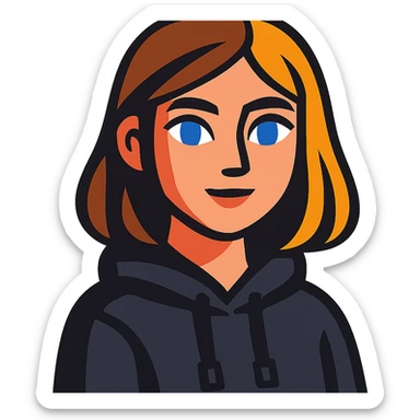 designer girl with blue eyes, brown and blonde hair to shoulders, black hoodie sticker