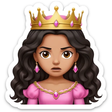 Very tanned princess, with long black wavy hair and a crown, a pink princess Outfit But angry sticker