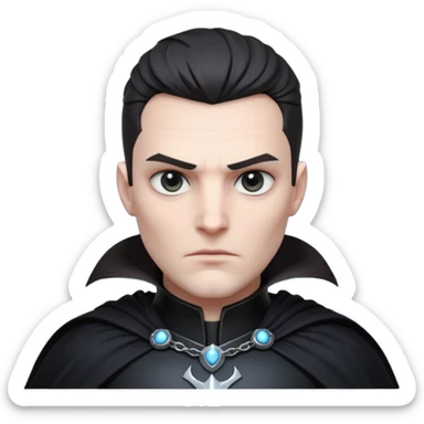 dark sci-fi villain portrait, head and shoulders only, black armor, cape collar, intense eyes, dramatic lighting, 3D cartoon, mobile game icon, clean background, no text
 sticker