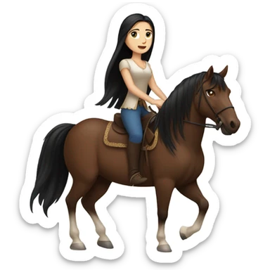 brunette with blue eyes and long black straight hair riding big brown horse  sticker