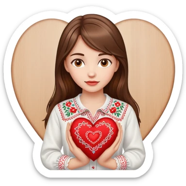 Beautiful young girl with brown hair in a white Ukrainian embroidered shirt holding a large embroidered heart sticker