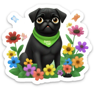 Black pug , surrounded by flowers, holding a green sign that says “good luck”  sticker