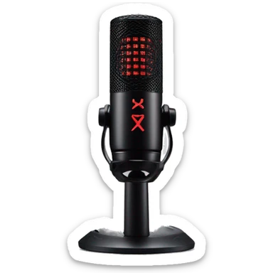 Create an emoji of the HyperX QuadCast microphone, showing its cylindrical black body with red LED grille lighting, compact shock mount stand, and subtle HyperX logo detail, giving it a sleek, modern look. sticker