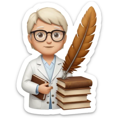 Wise grif with glasses, wearing a lab coat, perched on a stack of books. sticker