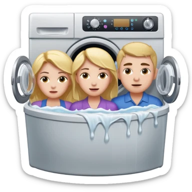 Eine Frau mit dem in der Waschmaschine feststeckt und zwei Männer die hinten an ihr ziehen um ihr zu helfen  sticker