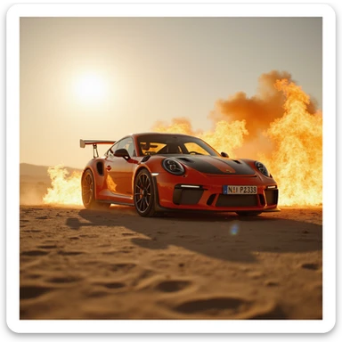 Cinematic shot, Porsche 911 gt3 rs in fire, desert, sunny day, dubai in background sticker