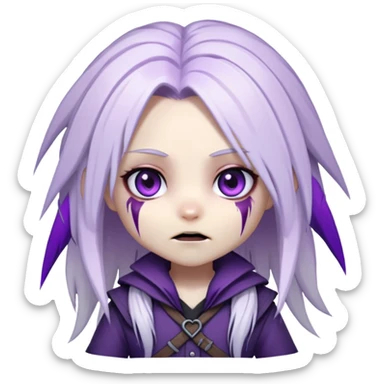 Chibi Sable Ward from Dead by Daylight with long white hair with purple streaks and fully purple eyes, detailed and expressive, cute exaggerated style with large expressive eyes and clear emotion sticker