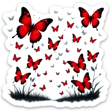 A surreal composition with deep red butterflies fluttering in the foreground, their wings illuminated by an unseen light, while faded black crosses stand solemnly in the misty background. The air feels heavy with mystery, blending passion and melancholy in a striking visual. sticker