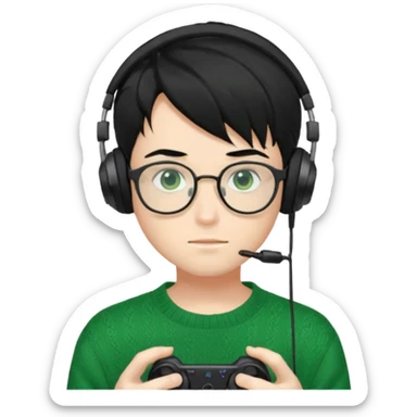 
gamer, Gorgeous green sweater black hair anime style shojo guy glasses, headphone, gamepad sticker