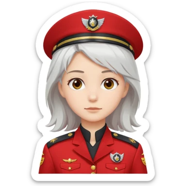 a girl with white loose hair, gray eyes maintains a calm expression on her face in a red captain's uniform to the waist sticker