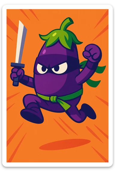 eggplant ninja, leaping, energetic, fun, cartoon style, vibrant colors sticker