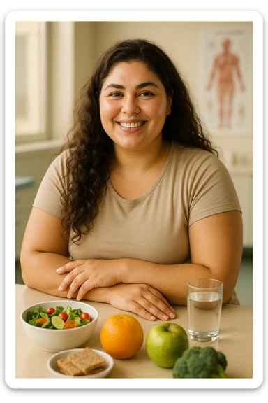 realistic portrait of a woman with PCOS following a healthy and balanced diet, healthy and radiant appearance, well-cared skin, thick hair, energetic posture, clinical atmosphere, realistic details, warm natural lighting, vertical 2:3 aspect ratio, no text sticker